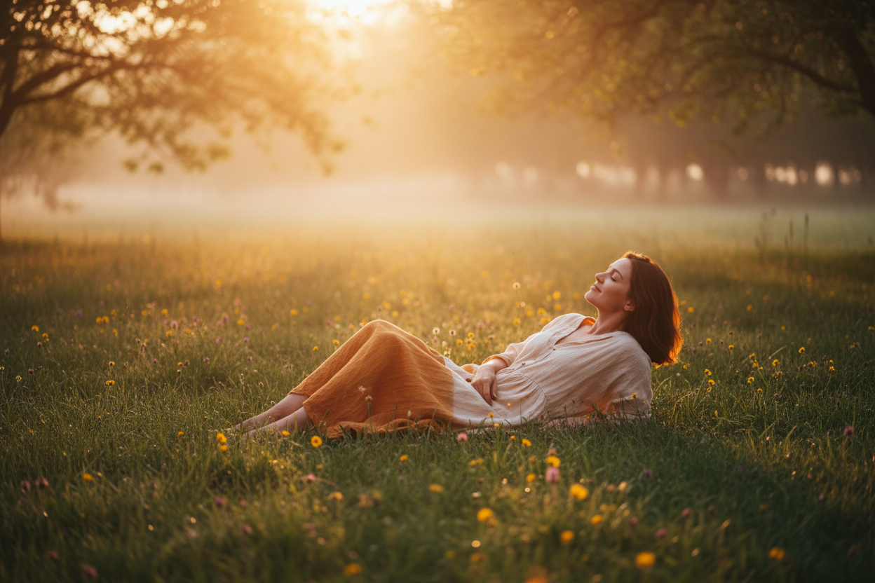 Women laying down on the grass in "golden hour" of the sun 